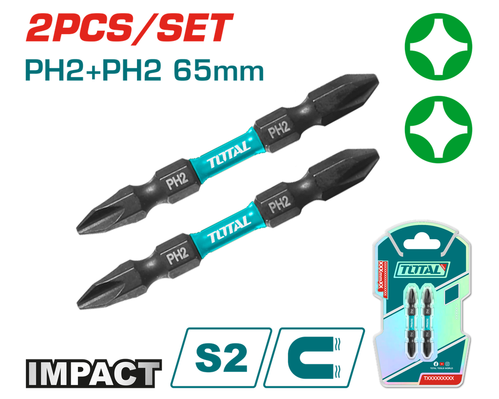 PUNTAS TALADRO INDUSTRIAL DOBLE PUNTA IMANTADA 65MM (+) (+) JUEGO X 2 PZS SUPER TOTAL (TACIM72PH265)