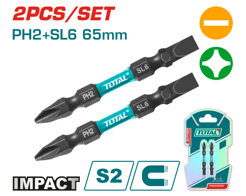 PUNTAS TALADRO INDUSTRIAL DOBLE PUNTA IMANTADA 65MM (+) (-) JUEGO X 2 PZS INDUSTRIAL SUPER TOTAL (TACIM72HL665)