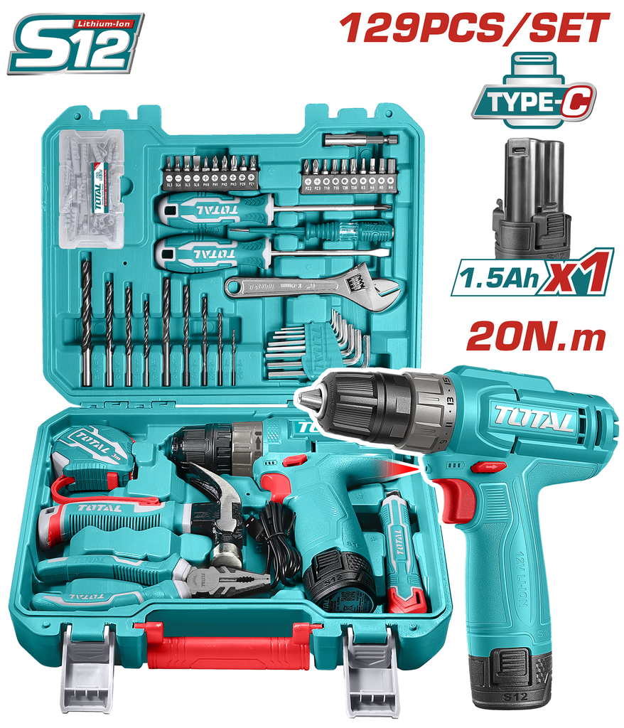 TALADRO INALAMBRICO 3/8 12V 20NM + BATERIA 1.5AH + KIT DE HERRAMIENTAS 128 PZS SUPER TOTAL (THKTHP11292) 