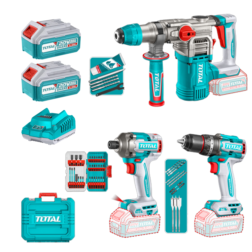 COMBO INALAMBRICO  20V  TALADRO  PERCUTOR 1/2" 96 NM  + PISTOLA DE IMPACTO 1/4" 285 NM + TALADRO ROTOMARTILLO SDS PLUS  4.5 JULES  INCLUYE 2 BATERIA 5.0AH , 1 CARGADOR Y ACCESORIOS  INDUSTRIAL  SUPER TOTAL (UTOSLI250693)