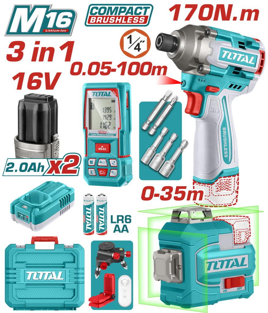 COMBO INALAMBRICO 16V  ATORNILLADOR DE IMPACTO 1/4 170NM + METRO LASER 100M + NIVEL LASER 35M LUZ VERDE +  BATERIAS 2.0AH Y CARGADOR INCLUYE ACCESORIOS INDUSTRIAL SUPER TOTAL ( UTOSLI250886)