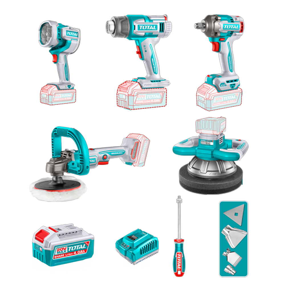 COMBO INALAMBRICO 20V  POLICHADORA  ORBITAL 10"+ POLICHADORA 7" + PISTOLA IMPACTO 1/2" 400 NM  + LAMPARA DE TRABAJO LM2000 + PISTOLA CALOR CON TEMPERATURA AJUSTABLE PANTALLA LCD +  2 BATERIAS 4.0 AH + CARGADOR 20V Y ACCESORIOS INDUSTRIAL SUPER TOTAL (UTOSLI250592)