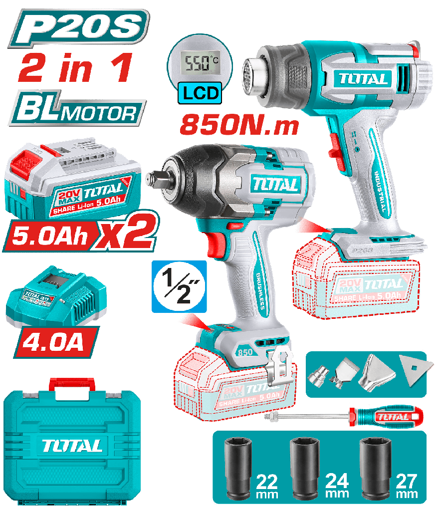 COMBO INALAMBRICO 20V PISTOLA IMPACTO 1/2 850NM + COPAS (22-24-27) +  PISTOLA CALOR INALAMBRICA  20V CON TEMPERATURA AJUSTABLE PANTALLA LCD INCLUYE 4 BOQUILLAS 1 RASCADOR + 2 BATERIAS 5.0AH Y CARGADOR INDUSTRIAL SUPER TOTAL  (UTOSLI250983)