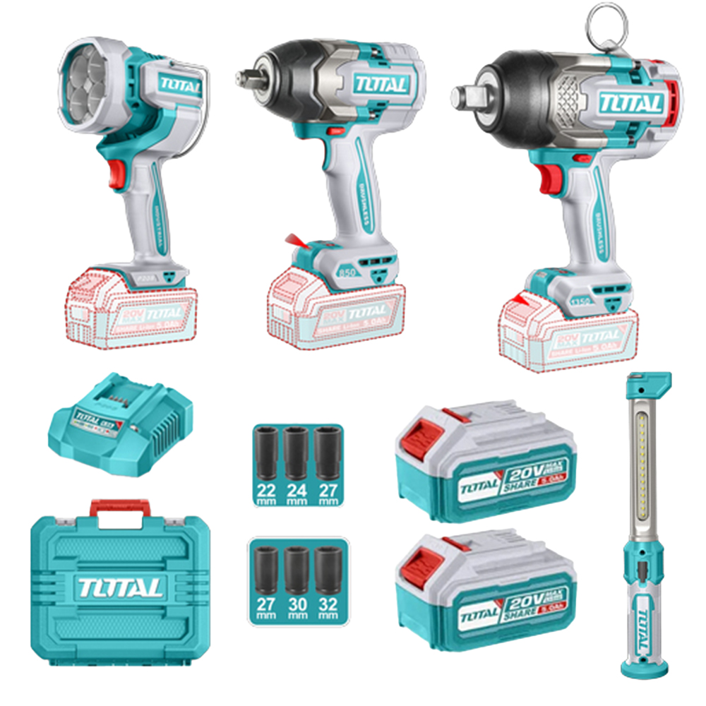 COMBO INALAMBRICO 20V PISTOLA IMPACTO INALAMBRICA 3/4 1350NM + PISTOLA IMPACTO INALAMBRICA 1/2 850NM+LAMPARA DE TRABAJO  2000 LM + LAMPARA DE TRABAJO 300 LM  INCLUYE 2 BATERIAS 5.0AH , CARGADOR Y ACCESORRIOS INDUSTRIAL SUPER TOTAL (UTOSLI250782)