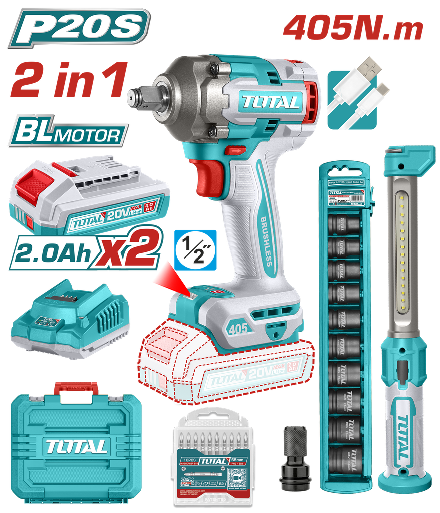 COMBO INALAMBRICO 20V PISTOLA IMPACTO INALAMBRICO 1/2 405 NM + LAMPARA DE TRABAJO 300 LUMENES RECARGABLE + 10 COPAS 1/2 (10-24MM)+ ADAPTADOR DE 1/2 A 1/4 + 2  BATERIA 2.0 AH + ACCESORIOS  Y  SUPER TOTAL (UTOSLI23056)