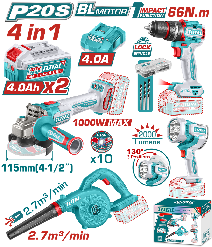 COMBO INALAMBRICO 20V TALADRO PERCUTOR ATORNILLADOR 1/2  66NM + SOPLADORA + PULIDORA  4 1/2 INDUSTRIAL 20V 1000W + LAMPARA DE TRABAJO 2000 LUMENES + 2 BATERIAS 4.0AH + CARGADOR INCLUYE ACCESORIOS INDUSTRIAL SUPER TOTAL (UTOSLI250993)