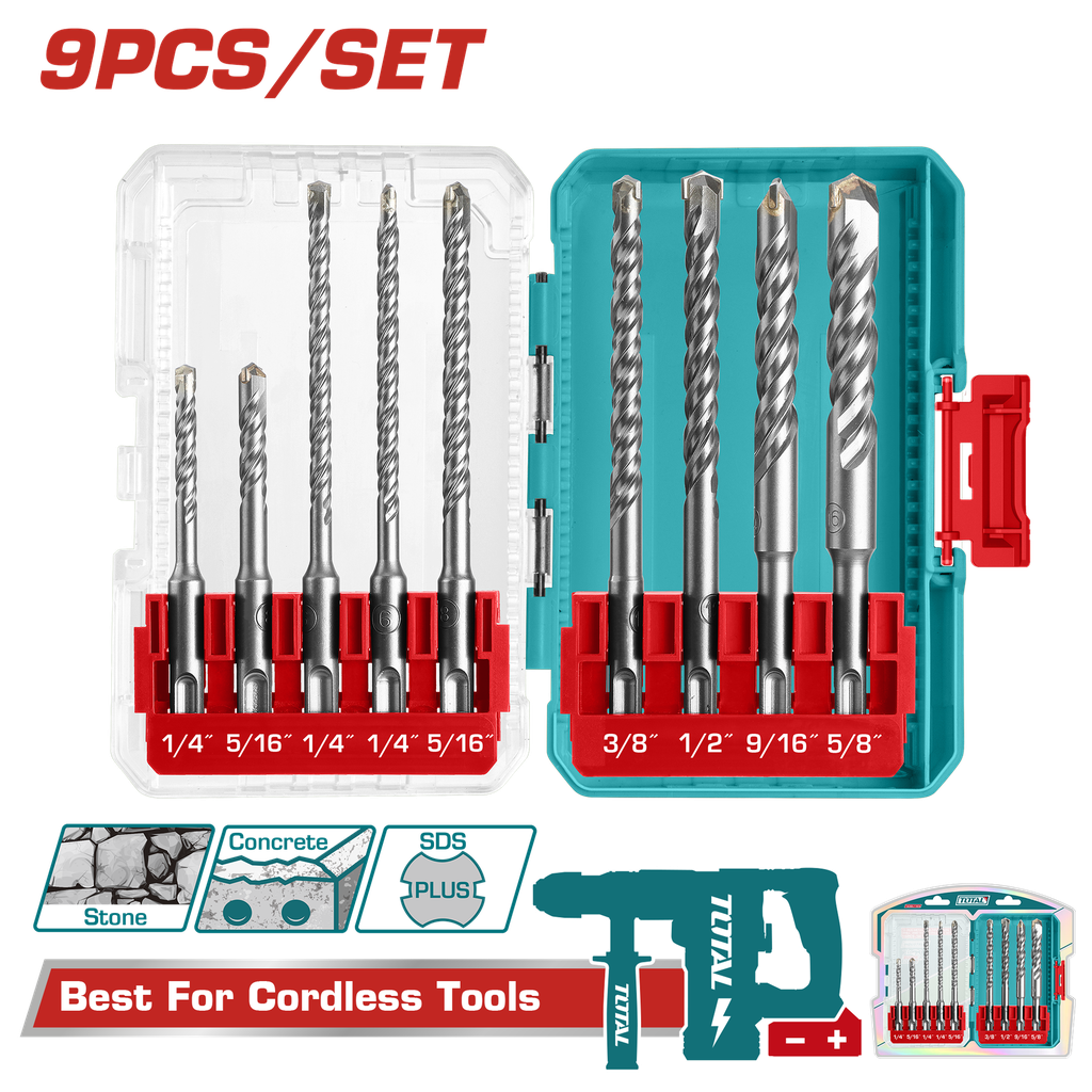 JUEGO DE BROCAS X 9 PZS PARA MURO,  CON VASTAGO EXAGONAL SDS PLUS  INDUSTRIAL SUPER TOTAL (UTACSDL30906)