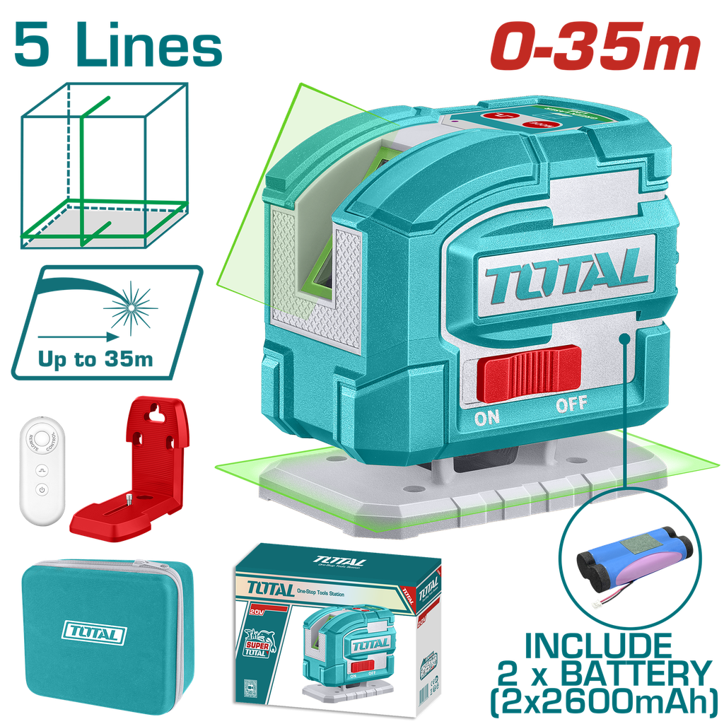 NIVEL LASER 0-35M  LUZ VERDE  3D 5 LINEAS RECARGABLE TIPO  USB-C INDUSTRIAL SUPER TOTAL (TLL306502)