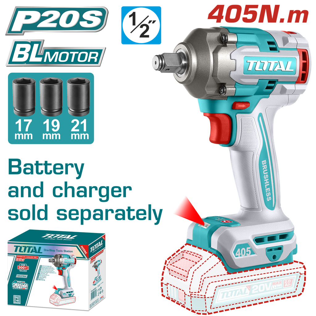 PISTOLA IMPACTO INALAMBRICA 1/2 20V 405 NM INCLUYE 3 COPAS 17,19,21,  BATERIA Y CARGADOR SE VENDEN POR SEPARADO  INDUSTRIAL SUPER TOTAL (TIWLI20451)