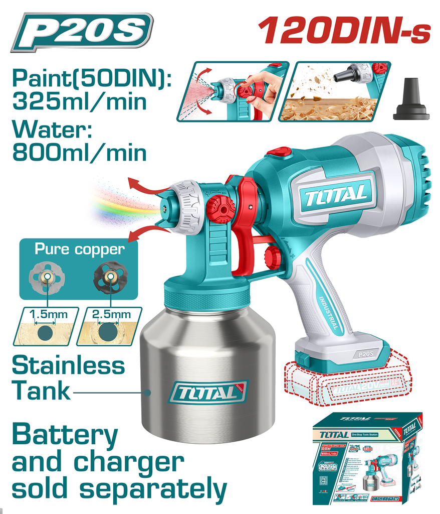 PISTOLA PINTAR INALAMBRICA 800ML 20V VASO METALICO INCLUYE AGUJA DE LIMPIEZA Y DOS BOQUILLAS, BATERIA Y CARGADOR NO INCLUIDO SUPER TOTAL (TSGLI20041)
