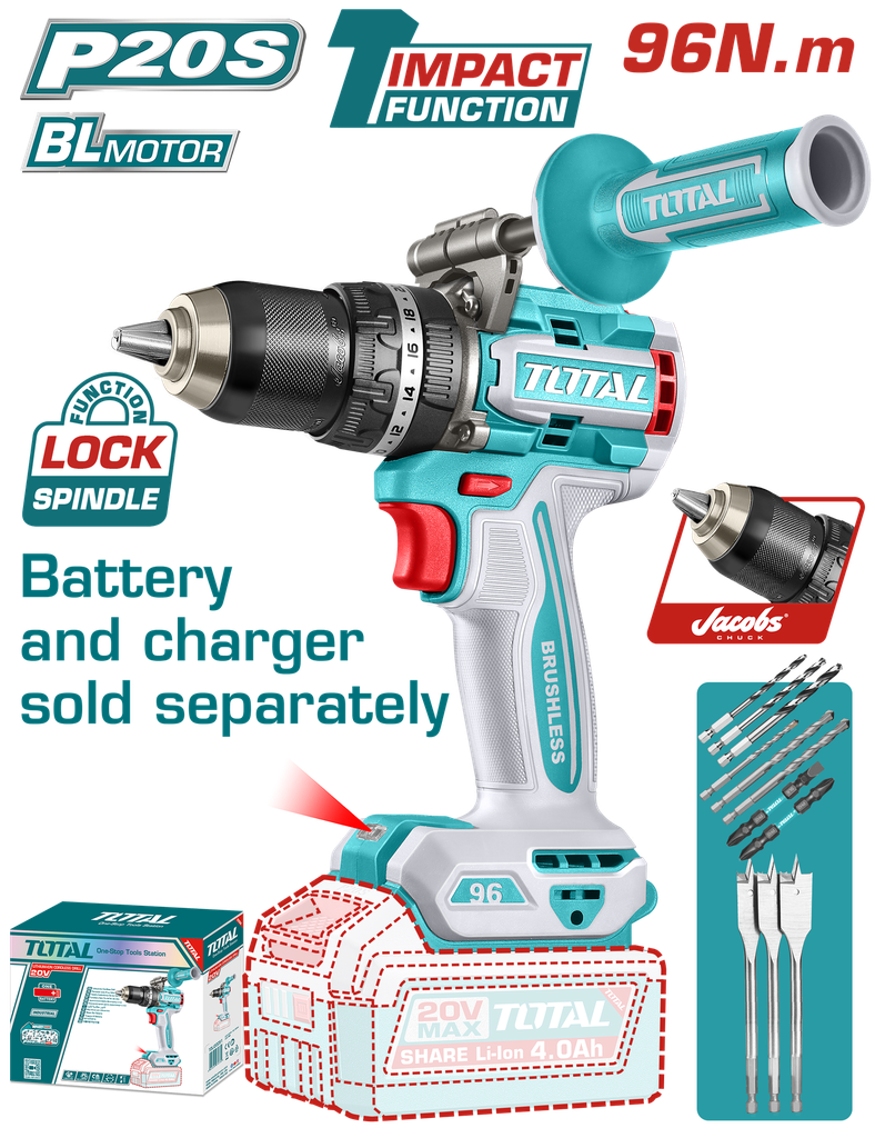 TALADRO DE IMPACTO INALAMBRICO 1/2 96 N.M 20V INCLUYE MANGO AUXILIAR Y 11 ACCESORIOS, BATERIA  CARGADOR SE VENDE POR SEPARADO, INDUSTRIAL SUPER  TOTAL (TIDLI209685)