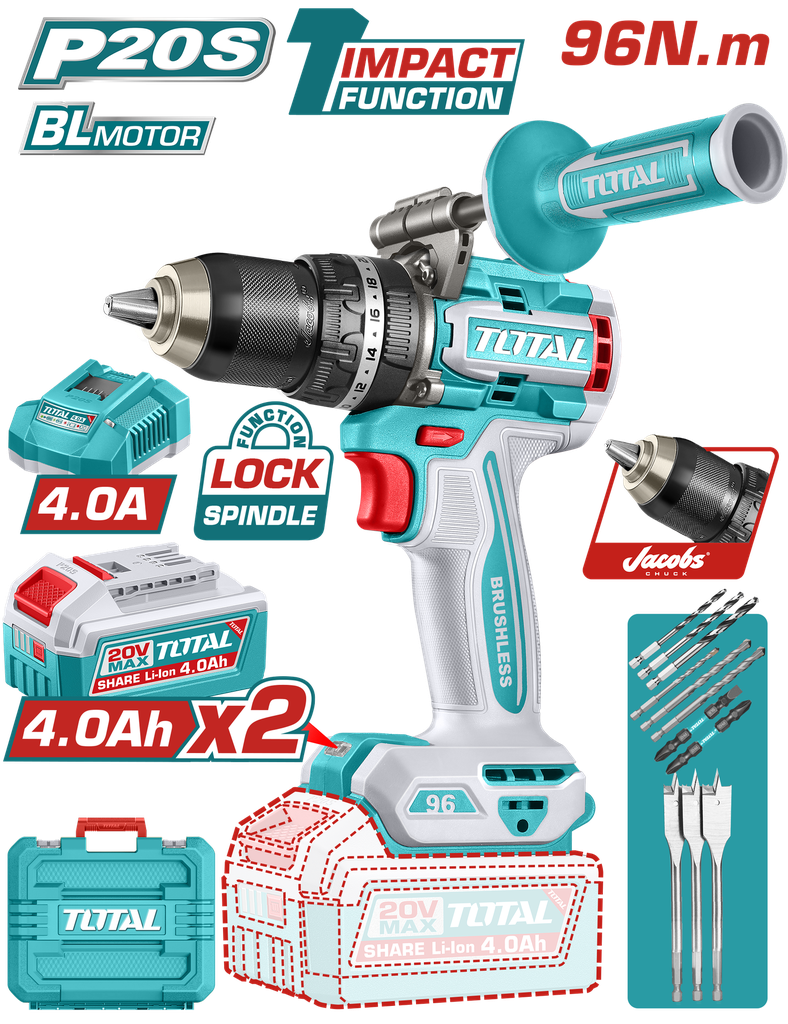TALADRO INALAMBRICO  PERCUTOR 1/2 20V 96 N.M INCLUYE 2 BATERIA DE 4.0AH, CARGADOR, INCLUYE ACCESORIOS  INDUSTRIAL SUPER TOTAL (UTIDLI209686)
