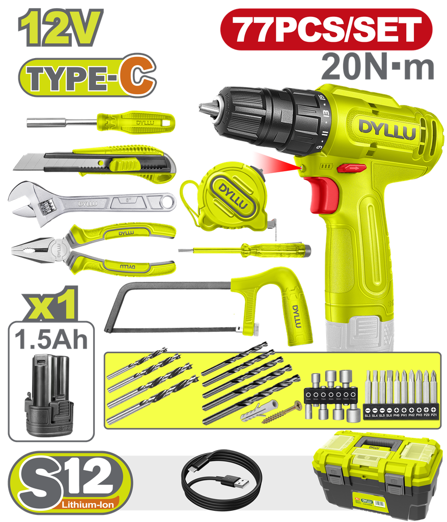 TALADRO INALAMBRICO 3/8 (10MM)  12V + KIT DE HERRAMIENTAS 77 PZS DYLLU (DTDT4B77)
