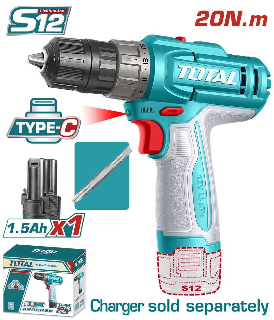 TALADRO INALAMBRICO 3/8 (10MM) 20NM 12V INCLUYE 1 BATERIA DE 1.5AH CARGADOR TIPO-C NO INCLUIDO SUPER TOTAL (TDLI122061)