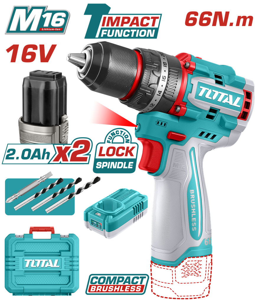 TALADRO INALAMBRICO PERCUTOR 1/2 16V 66NM INCLUYE 2 BATERIAS 2,0AH, CARGADOR Y ACCESORIOS  INDUSTRIAL SUPER TOTAL (UTIDLI166062)