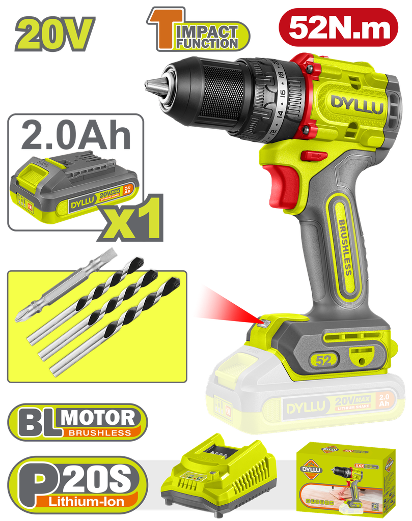 TALADRO INALAMBRICO PERCUTOR 1/2" 52 NM 20V CAJA CARTON INCLUYE 1 BATERIAS 20V (2.0AH), 1 CARGADOR Y ACCESORIOS DYLLU (UDTCDP5282)