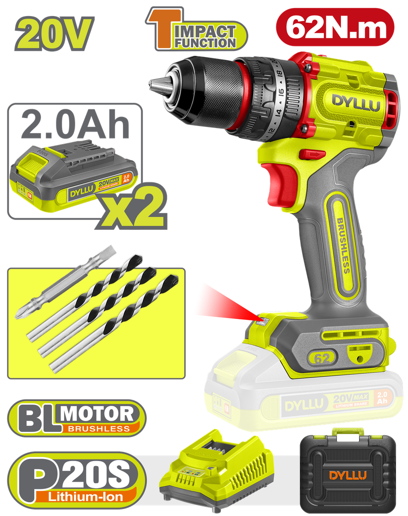 TALADRO INALAMBRICO PERCUTOR 1/2" 62 NM 20V CAJA PLASTICA INCLUYE 2 BATERIAS 20V (2.0AH), 1 CARGADOR Y ACCESORIOS DYLLU (UDTCDP6281)