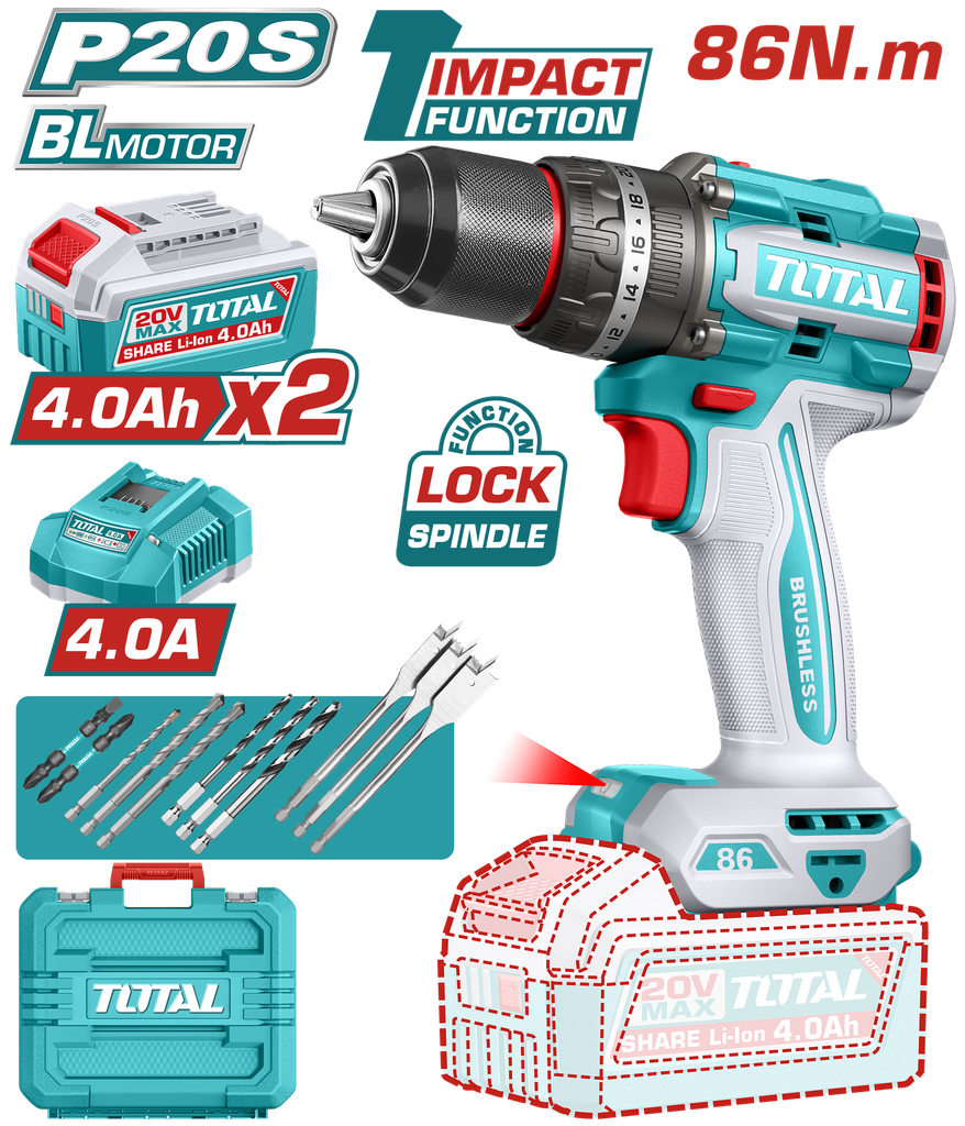 TALADRO INALAMBRICO PERCUTOR 1/2" 86 NM 20V CAJA PLASTICA INCLUYE 2  BATERIA 4.0AH, 1 CARGADOR Y ACCESORIOS INDUSTRIAL SUPER TOTAL (UTIDLI208682)