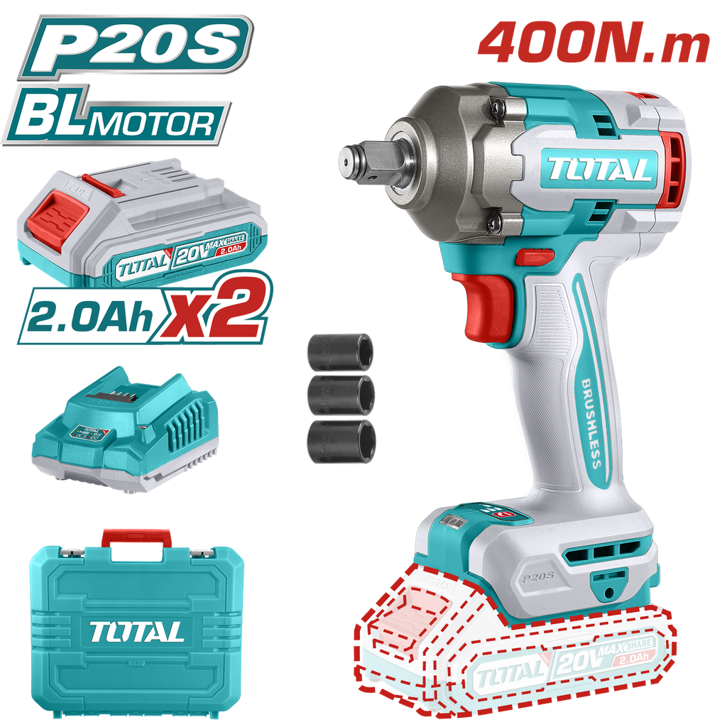 ATORNILLADOR DE IMPACTO INALAMBRICO 1/2 20V TF400NM INCLUYE 2 BATERIAS 1 CARGADOR Y 3 COPAS 17,19,21 MM INDUSTRIAL TOTAL (UTIWLI2040)