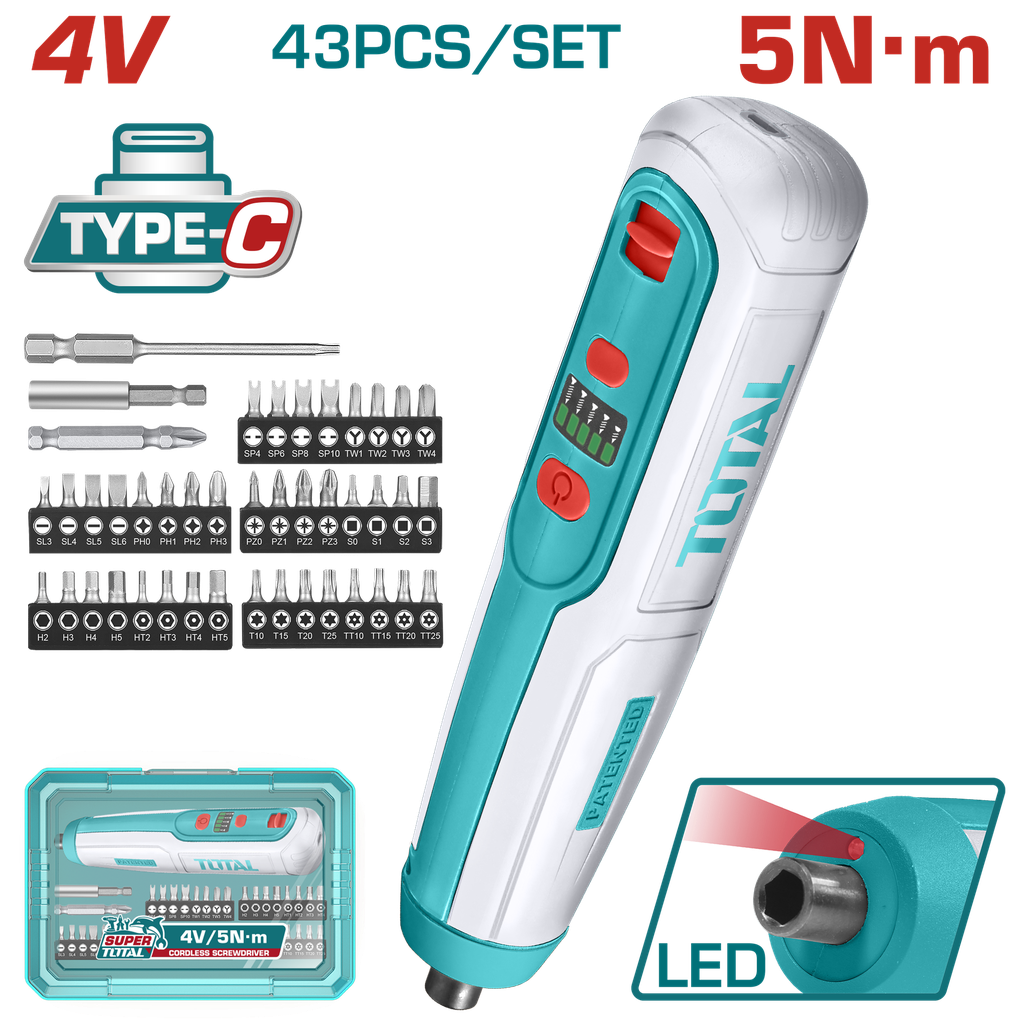 ATORNILLADOR INALAMBRICO 4V 5 NM CAJA PLASTICA 43PZS  SUPER TOTAL (TSDLI04062)