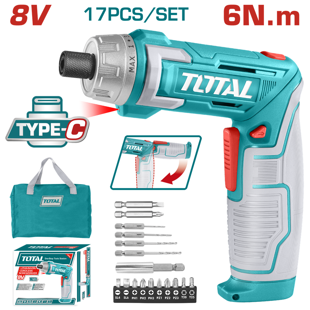 ATORNILLADOR INALAMBRICO 8V ESTUCHE PLASTICO + 17 PIEZAS  TOTAL (TSDLI0802)