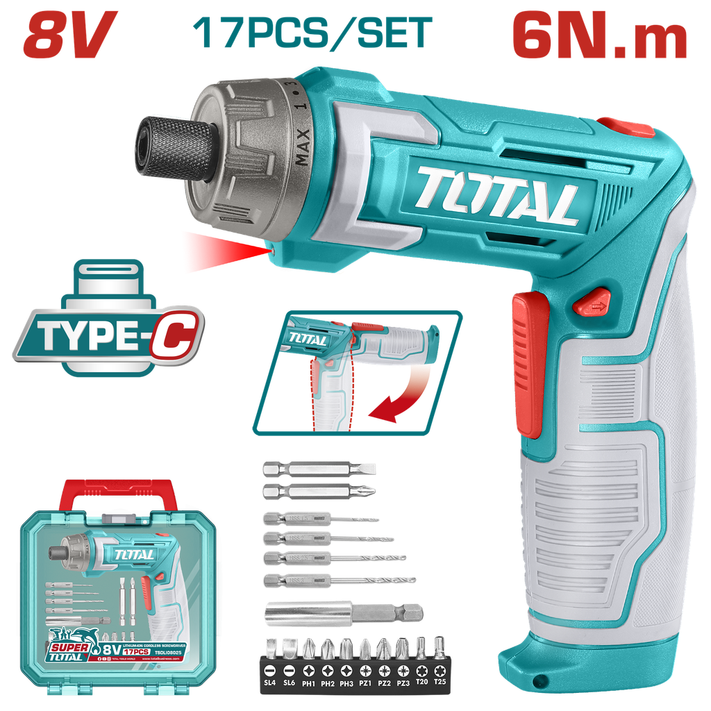 ATORNILLADOR INALAMBRICO 8V, 6N.M ESTUCHE PLASTICO + 17 PIEZAS  TOTAL (TSDLI08025)