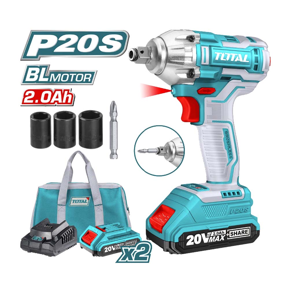 ATORNILLADOR Y LLAVE DE IMPACTO 20V INCLUYE 2 BATERIAS 1 CARGADOR COPAS DE 171921 Y PUNTA DESTORNILLADOR TOTAL(UTIWLI20208)