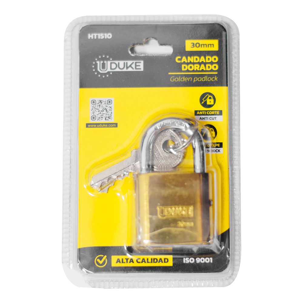 CANDADO 30MM DORADO PULIDO EN BLISTER UDUKE (HT1510)