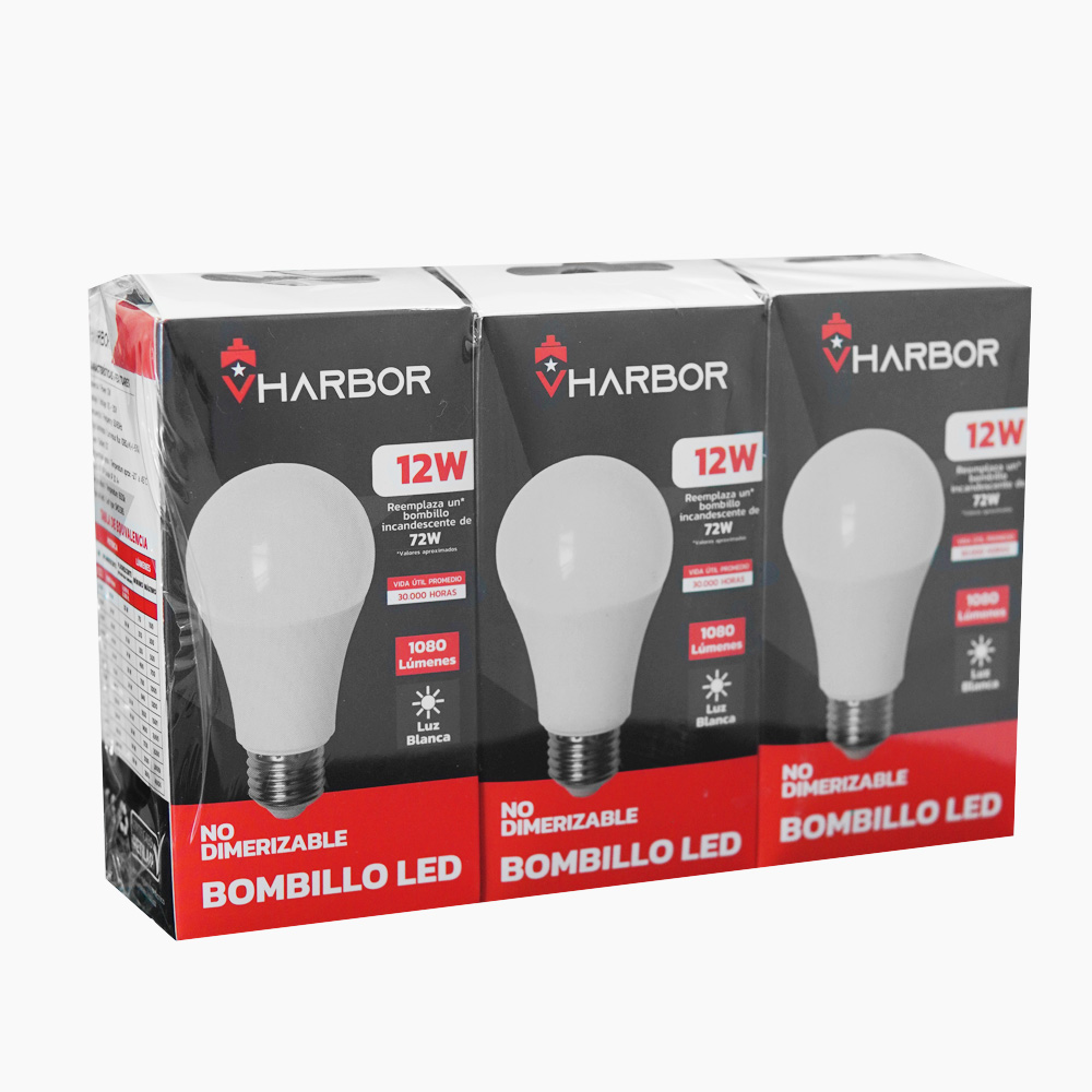 COMBO BOMBILLO LED 12W X 3 VHARBOR LUZ DIA E27 MULTIVOLTAGE (6500K)(A60 )(HT2235)