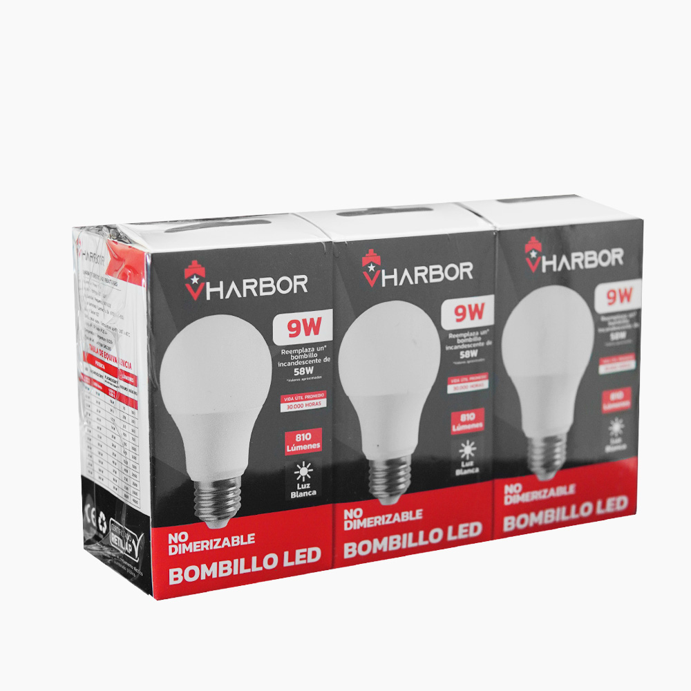 COMBO BOMBILLO LED 9W X 3 VHARBOR LUZ DIA E27 MULTIVOLTAGE (6500K)(A60)(HT2233)