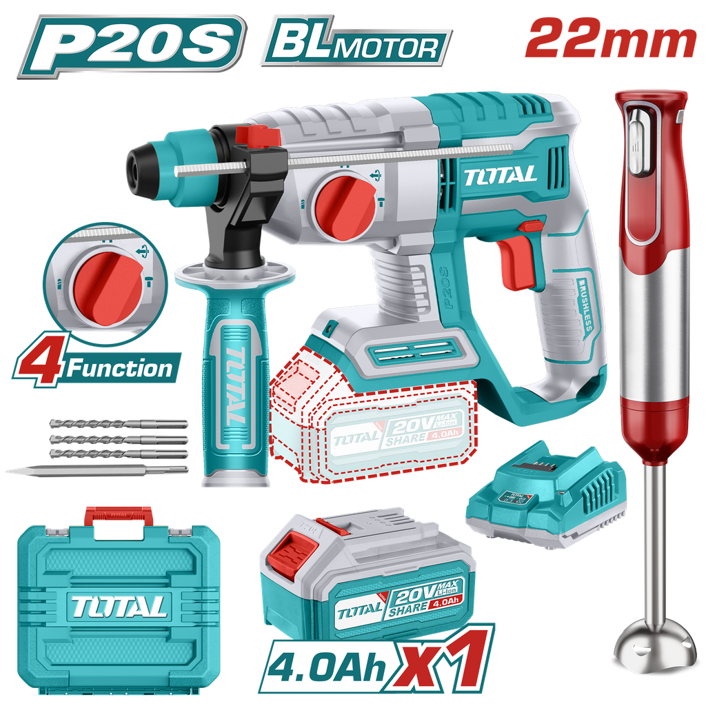 COMBO DE TALADRO ROTOMARTILLO INALAMBRICO SDS PLUS  20V INCLUYE 1 BATERIA, 1 CARGADOR,3 BROCAS 1 CINCEL TOTAL  Y BATIDORA DE MANO DECAKILA (UTOS