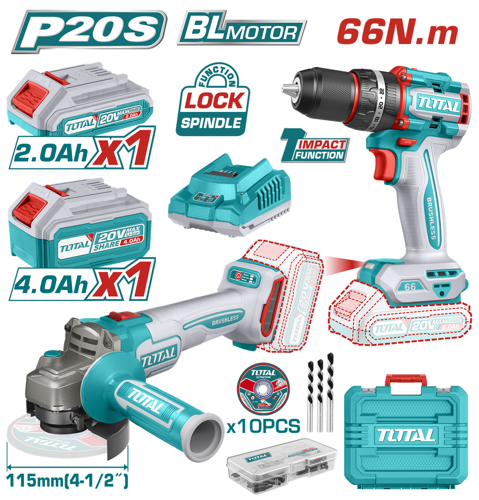 COMBO INALAMBRICO  TALADRO 1/2" 20V 66NM + PULIDORA 4 1/2" INCLUYE 1 BATERIA 20V(2.0AH), 1 BATERIA 20V(4.0AH),CARGADOR 20V, 10 DISCOS DE CORTE 