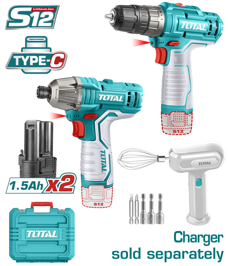 COMBO INALAMBRICO ATORNILLADOR DE IMPACTO  + TALADRO 3/8"  INCLUYE 6 ACCESORIOS  + DOS BATERIAS 1.5AH + BATIDORA NO INCLUYE CARGADOR