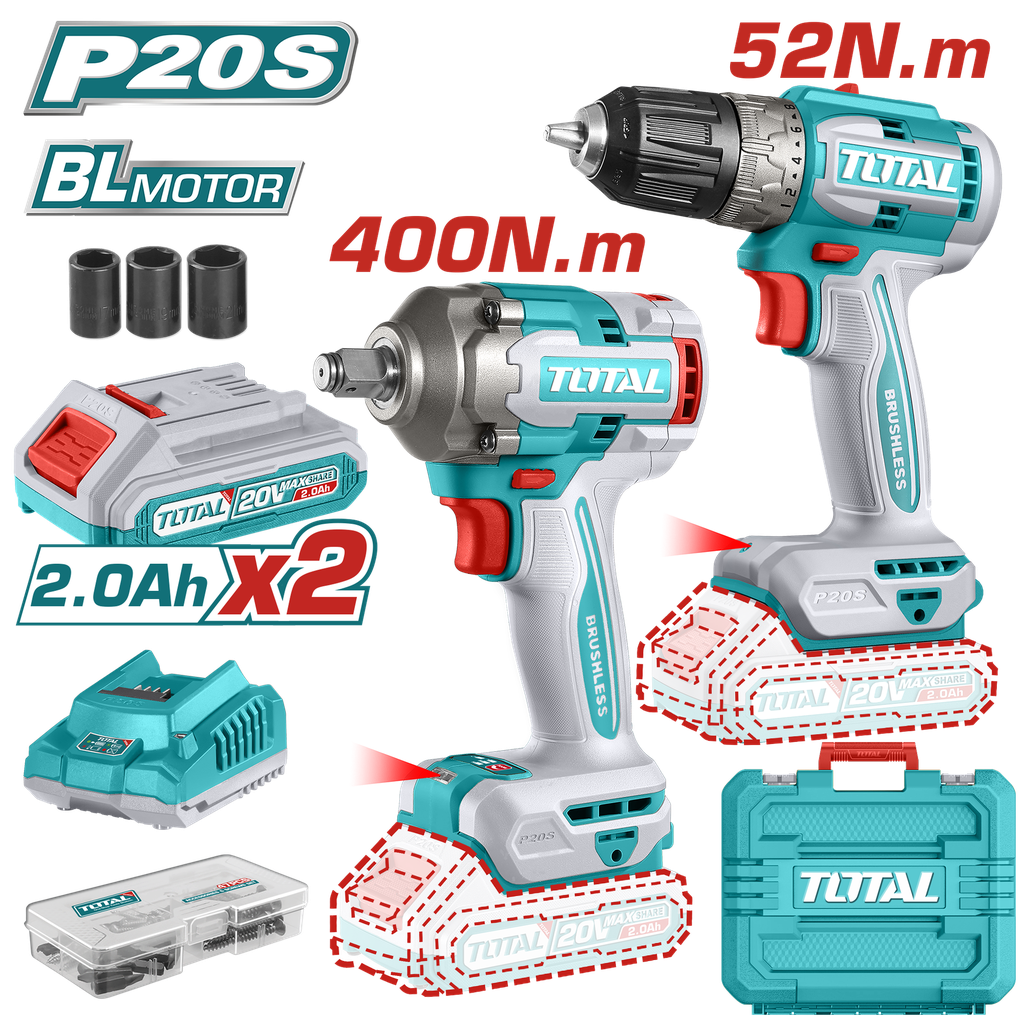 COMBO INALAMBRICO TALADRO  3/8" 52 N.M  + LLAVE DE IMPACTO 1/2" 20V 400 N.M  INCLUYE 2 BATERIA, 1 CARGADOR Y ACCESORIOS TOTAL (UTCKLI20271)