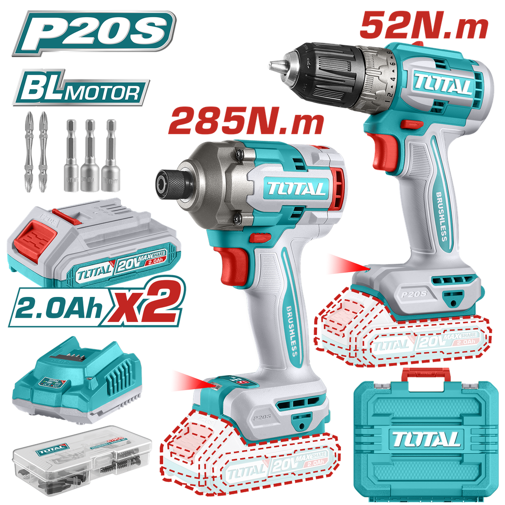 COMBO INALAMBRICO TALADRO  3/8" 52 N.M + ATORNILLADOR DE IMPACTO 1/4" 20V 285 N.M  INCLUYE 2 BATERIA, 1 CARGADOR Y ACCESORIOS  INDUSTRIAL SUP