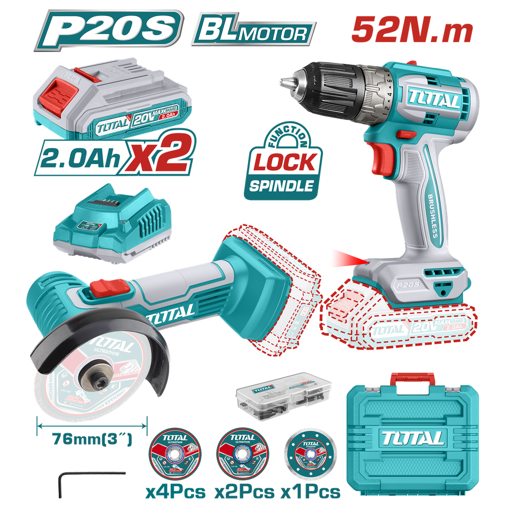 COMBO INALAMBRICO TALADRO 1/32,3/8" 20V 52N.M + MINI PULIDORA 3", INCLUYE 2 BATERIAS 2,0AH, 1 CARGADOR 20V 7 DISCOS Y 47 ACCESORIOS INDUSTRIAL )