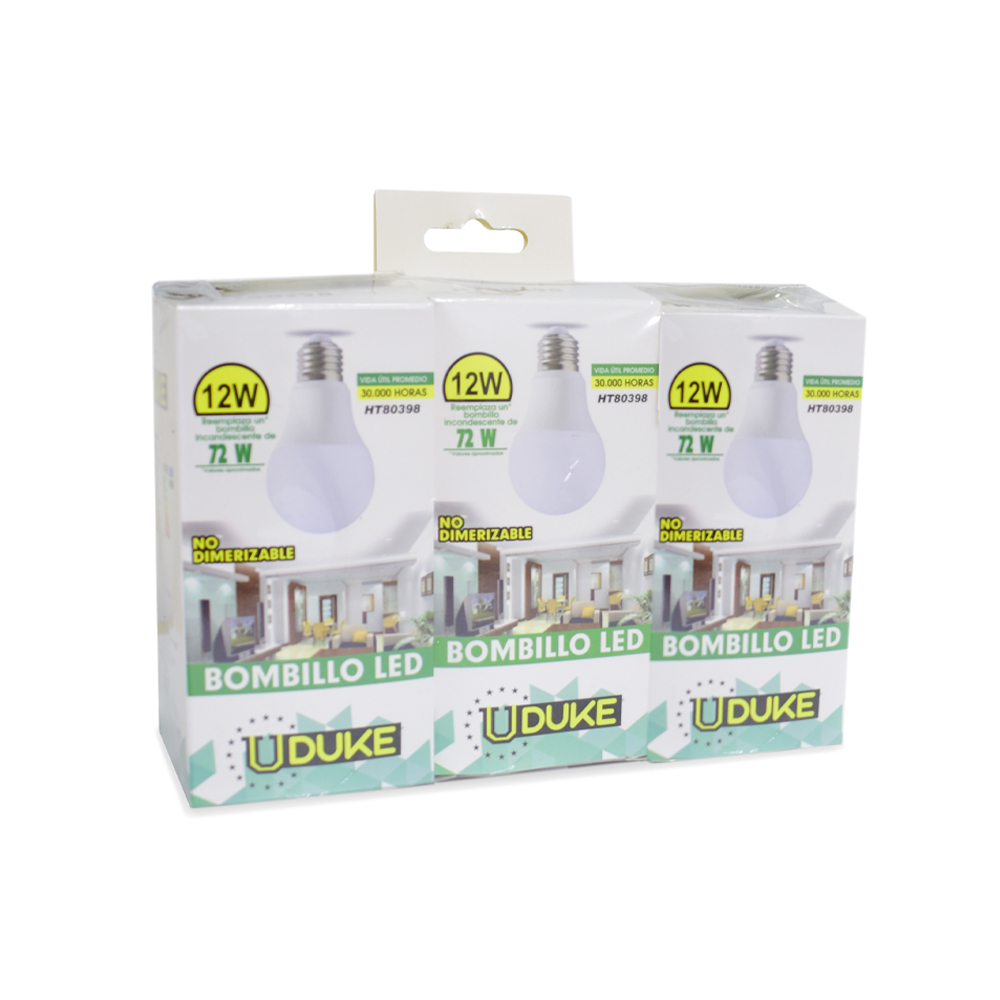 COMBO X 3 BOMBILLOS LED 12W UDUKE LUZ DIA E27 MULTIVOLTAGE (6500K)(HT80398)