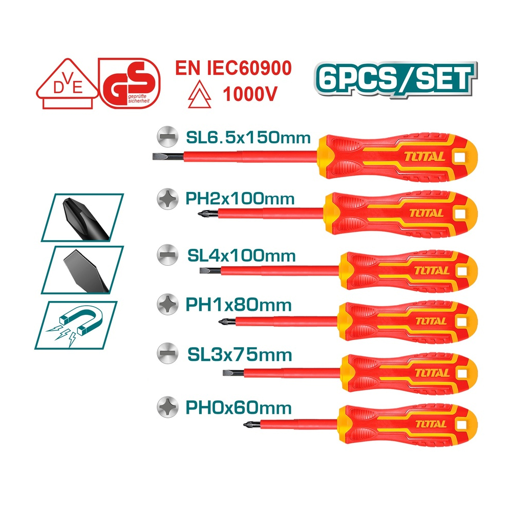 DESTORNILLADOR AISLADO 1000V INDUSTRIAL AMARILLO-ROJO JUEGO X 6PZS TOTAL (THTIS566)