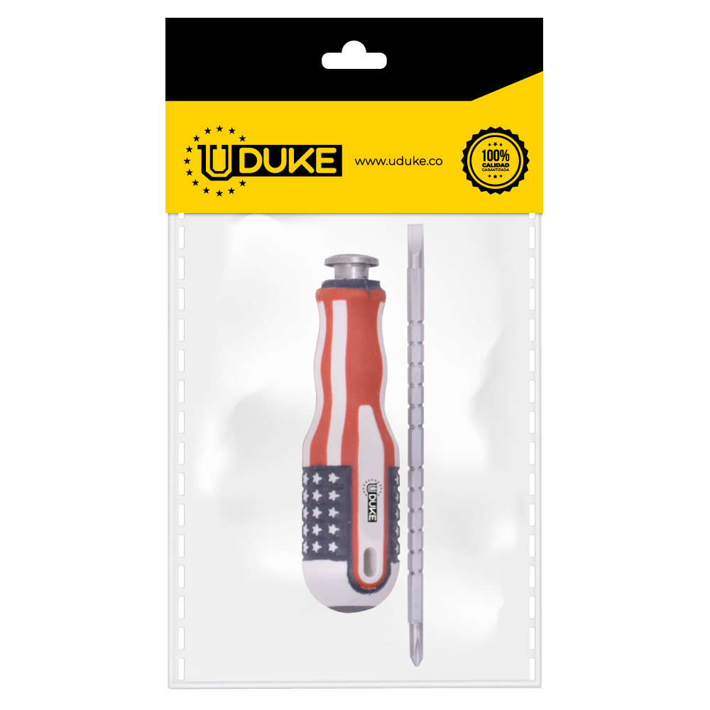DESTORNILLADOR DOBLE PUNTA GRANDE C/V CON SEGURO (1/4X4-6) PAQ X 1 UDUKE