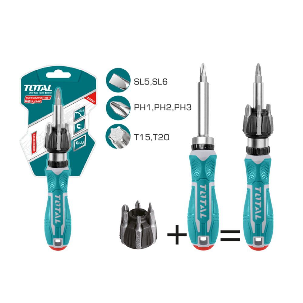 DESTORNILLADOR RACHET 8PZS INTERCAMBIABLES TOTAL (TACSD30086)
