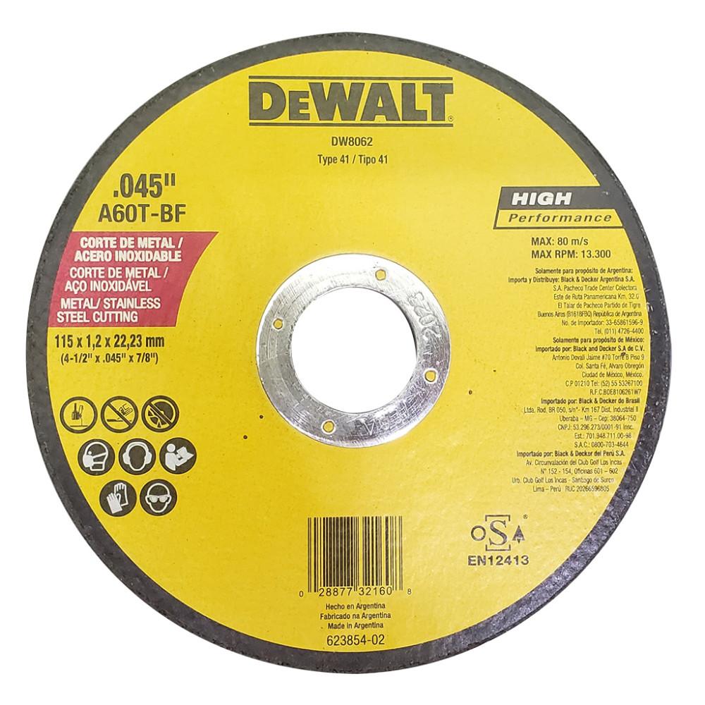 DISCO DEWALT CORTE METAL/ACERO INOX 4/12 PLANO AMARILLO ARGENTINO (DW8062:C)
