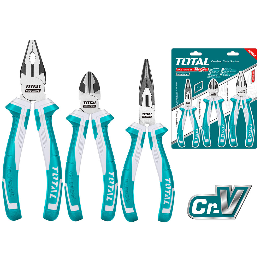 JUEGO DE ALICATES X 3 PIEZAS INDUSTRIAL TOTAL (PINZA 6,CORTAFRIO 6,ALICATE 8) (THT2K0301)