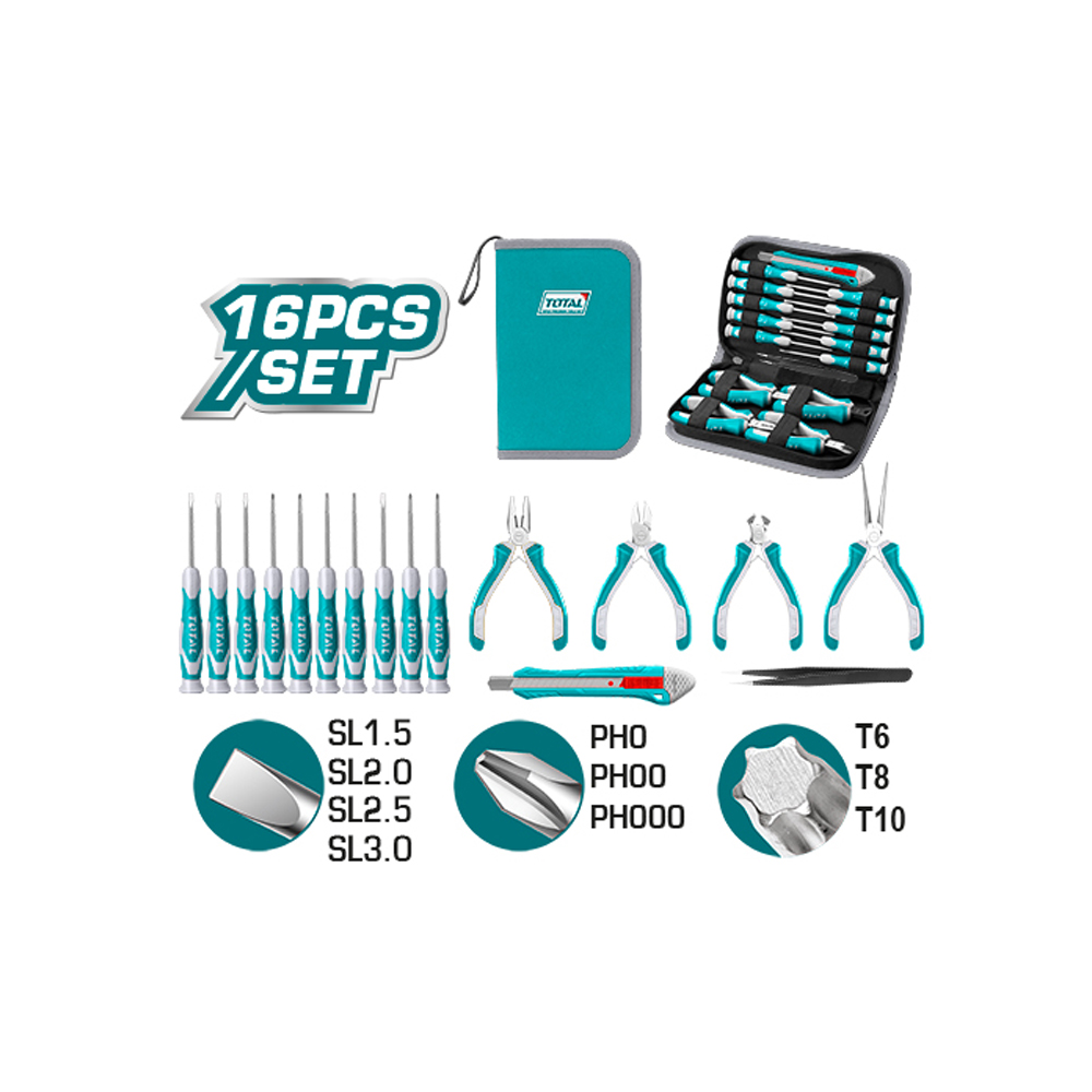 KIT DE HERRAMINETAS X 16 PZS (INCLUYE 10 DESTORNILLADORES RELOJEROS) TOTAL (TKTTSK0162)
