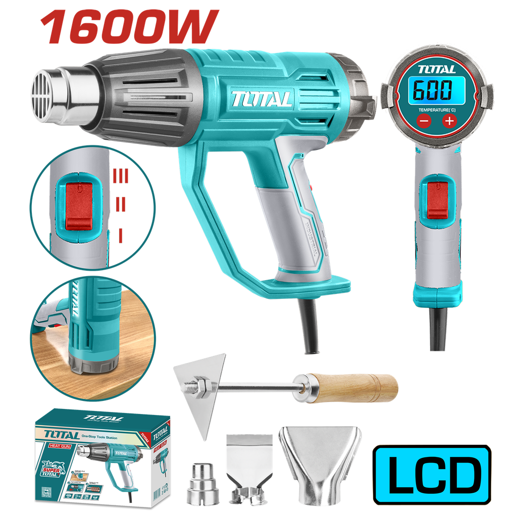 PISTOLA CALOR CON TEMPERATURA AJUSTABLE 1600W  INCLUYE 3 BOQUILLAS Y 1 RASCADOR  INDUSTRIAL TOTAL (UTB16056)