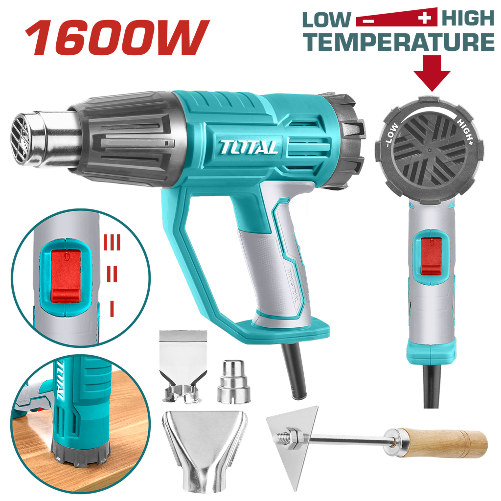 PISTOLA CALOR CON TEMPERATURA AJUSTABLE 1600W INCLUYE 3 BOQUILLAS Y 1 RASCADOR INDUSTRIAL TOTAL (UTB16045)