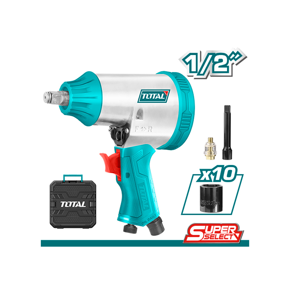 PISTOLA IMPACTO 1/2" NEUMATICA INCLUYE 10 COPAS CAJA PLASTICA SUPER SELECT TOTAL (TAT41125)