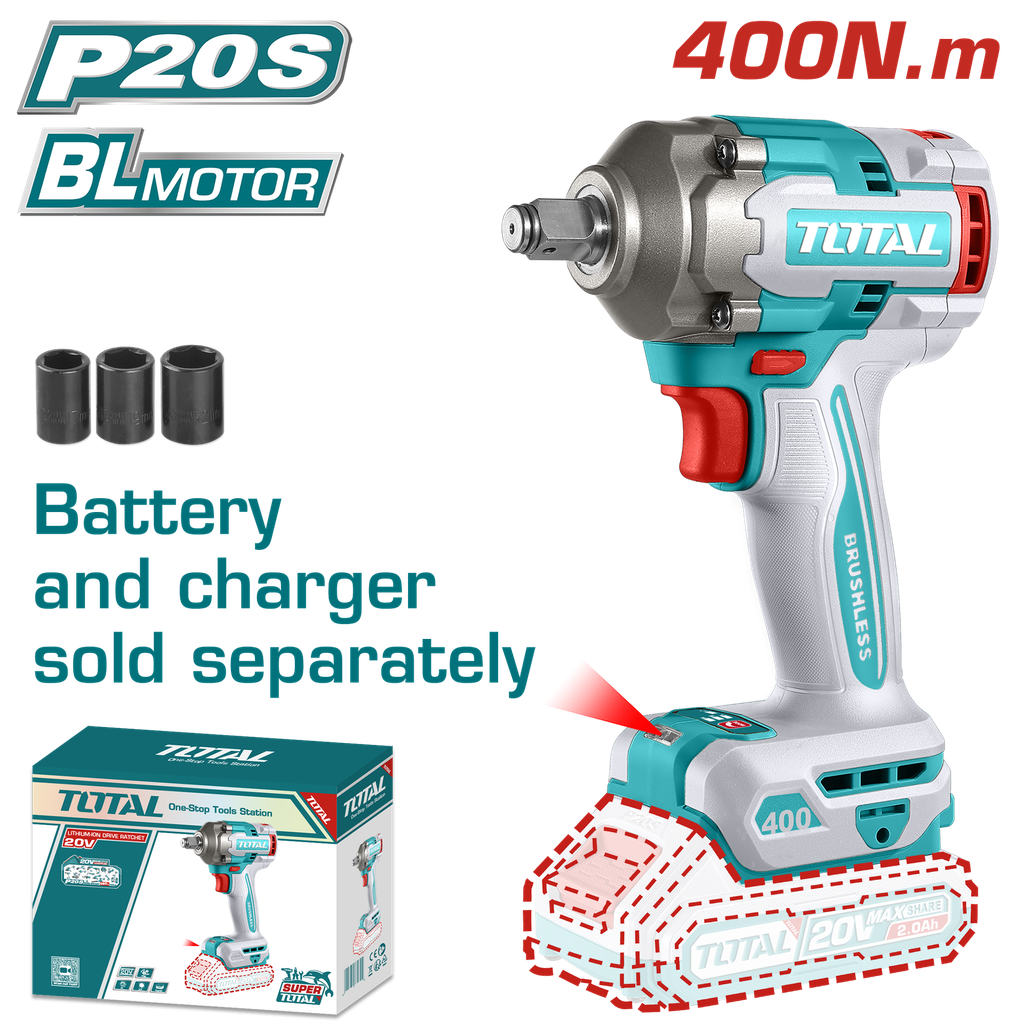 PISTOLA IMPACTO INALAMBRICA 1/2 20V 400NM INDUSTRIAL SUPER TOTAL INCLUYE 3 COPAS 17,19,21 MM, NO INCLUYE CARGADOR Y BATERIA