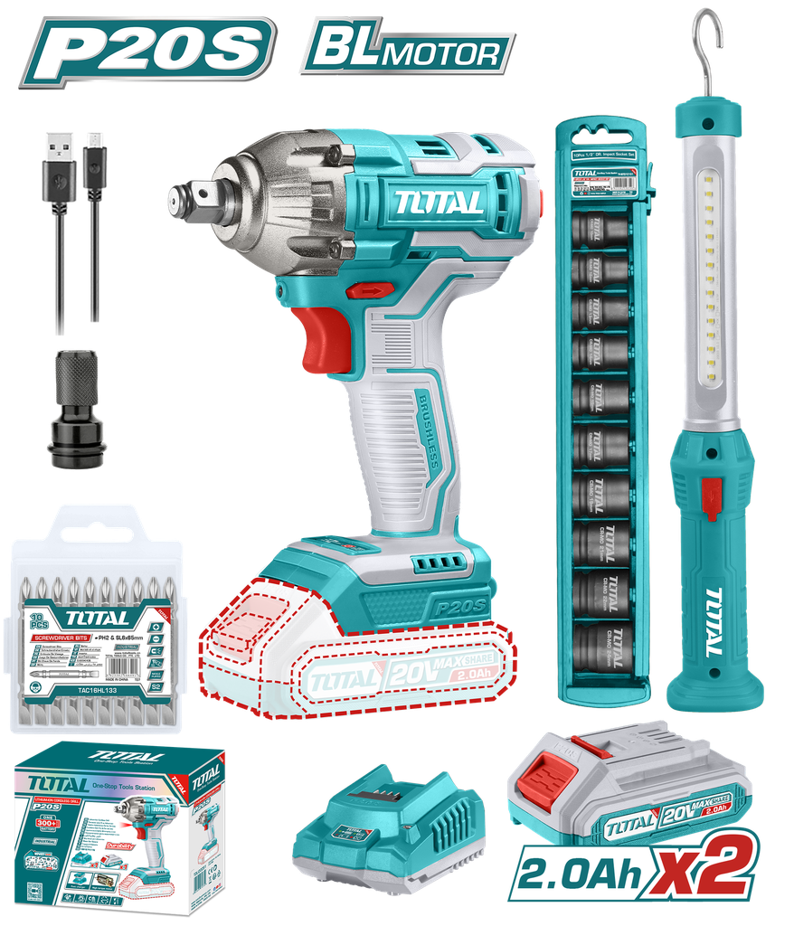 PISTOLA IMPACTO INALAMBRICA 1/2 20V INCLUYE 2 BATERIAS 1 CARGADOR 1 LAMPARA DE TRABAJO 1 ADAPTADOR Y 10 PUNTAS TALADRO TOTAL (UTOSLI231004)