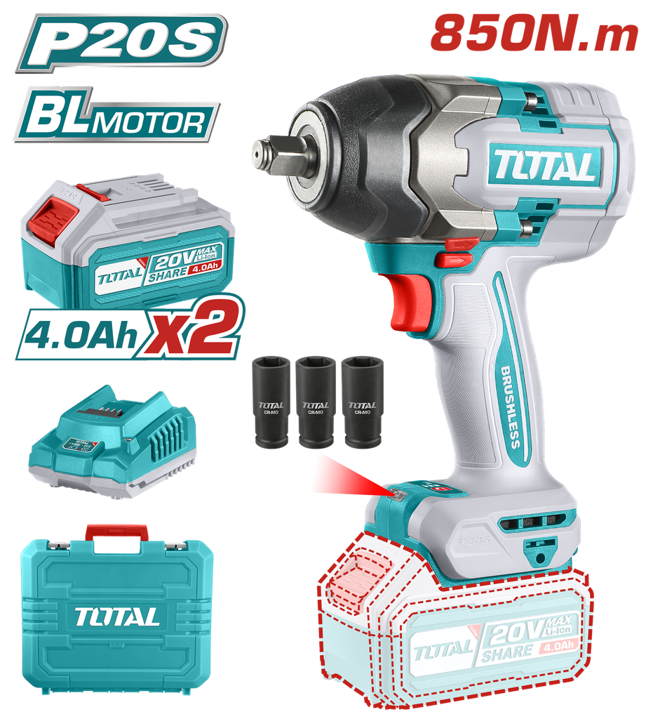 PISTOLA IMPACTO INALAMBRICA 1/2" 20V  850 N.M INCLUYE 2 BATERIAS 1 CARGADOR INDUSTRIAL  SUPER TOTAL (UTIWLI2085)