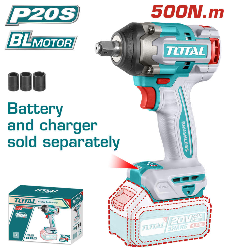PISTOLA IMPACTO INALAMBRICO 1/2 20V 500 N.M   NO INLUYE BATERIA Y CARGADOR SUPER TOTAL (TIWLI20501)